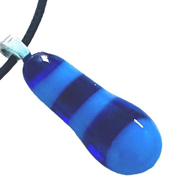 Blue Pendant Art Glass Pendant Denim Striped Necklace Cobalt Blue Teardrop - Picture 2 of 3